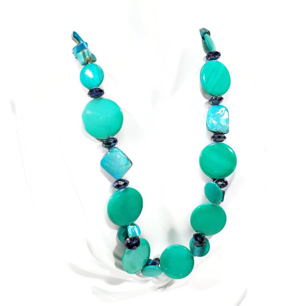 Teal Blue Shell Abalone Necklace 24"to 26 1/2"